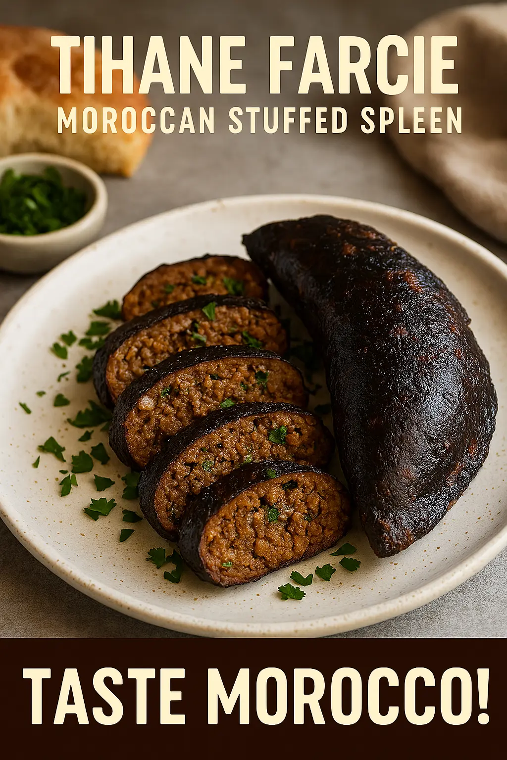 A beautifully prepared Tihane Farcie, Moroccan stuffed spleen, ready to be served.